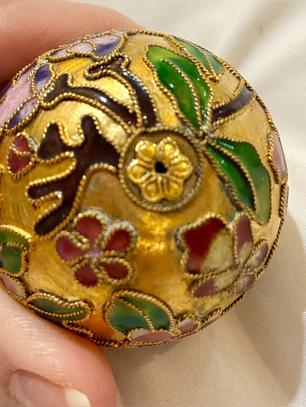 Beautiful Vintage Cloisonné Christmas Ornament Gold, Purple Pink & Green Flowers